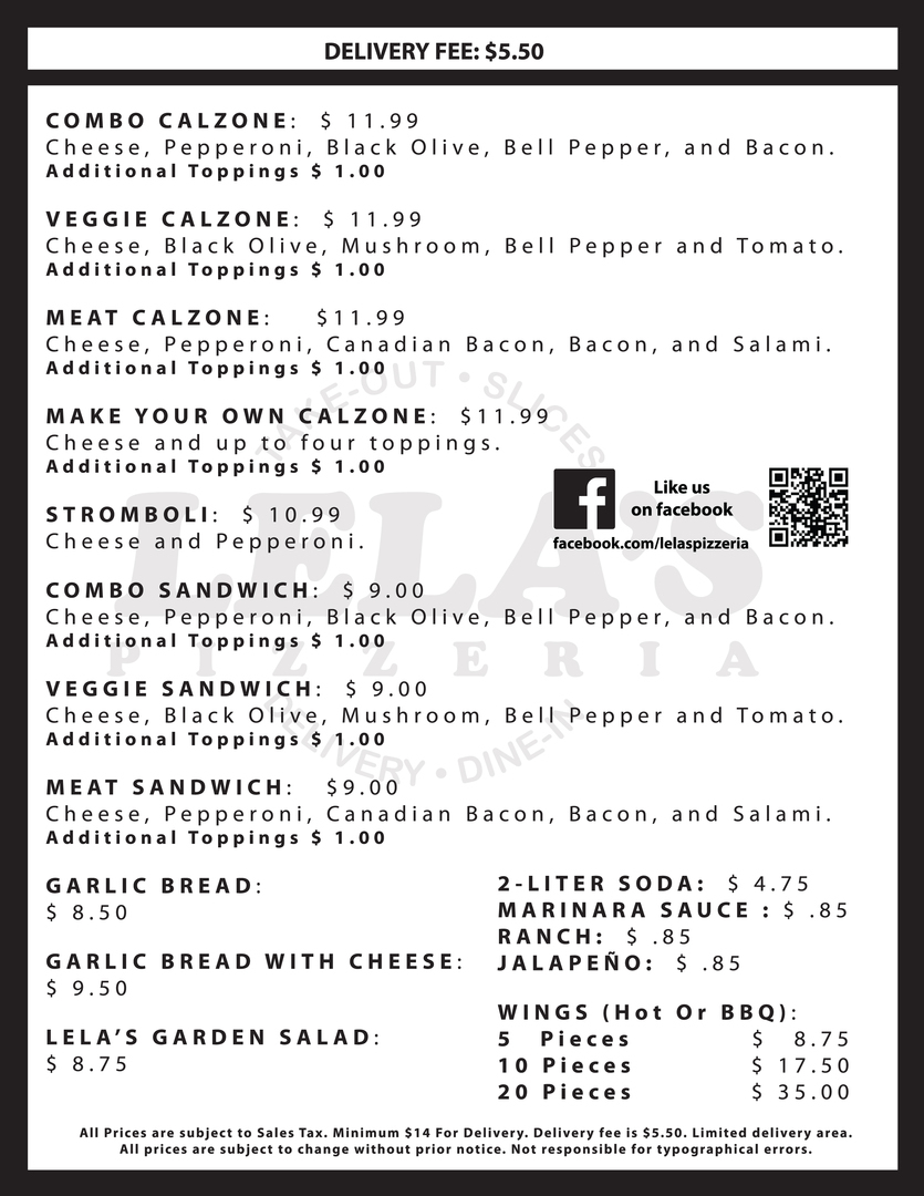 Lela's Pizzeria - Menu