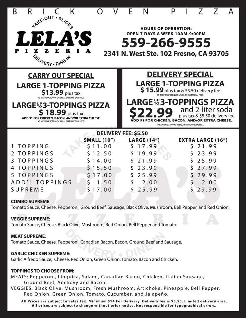 Lela's Pizzeria Menu